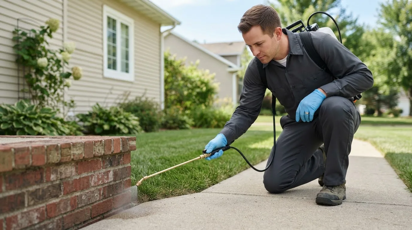 Pest control technician treating a home near Ola, ID