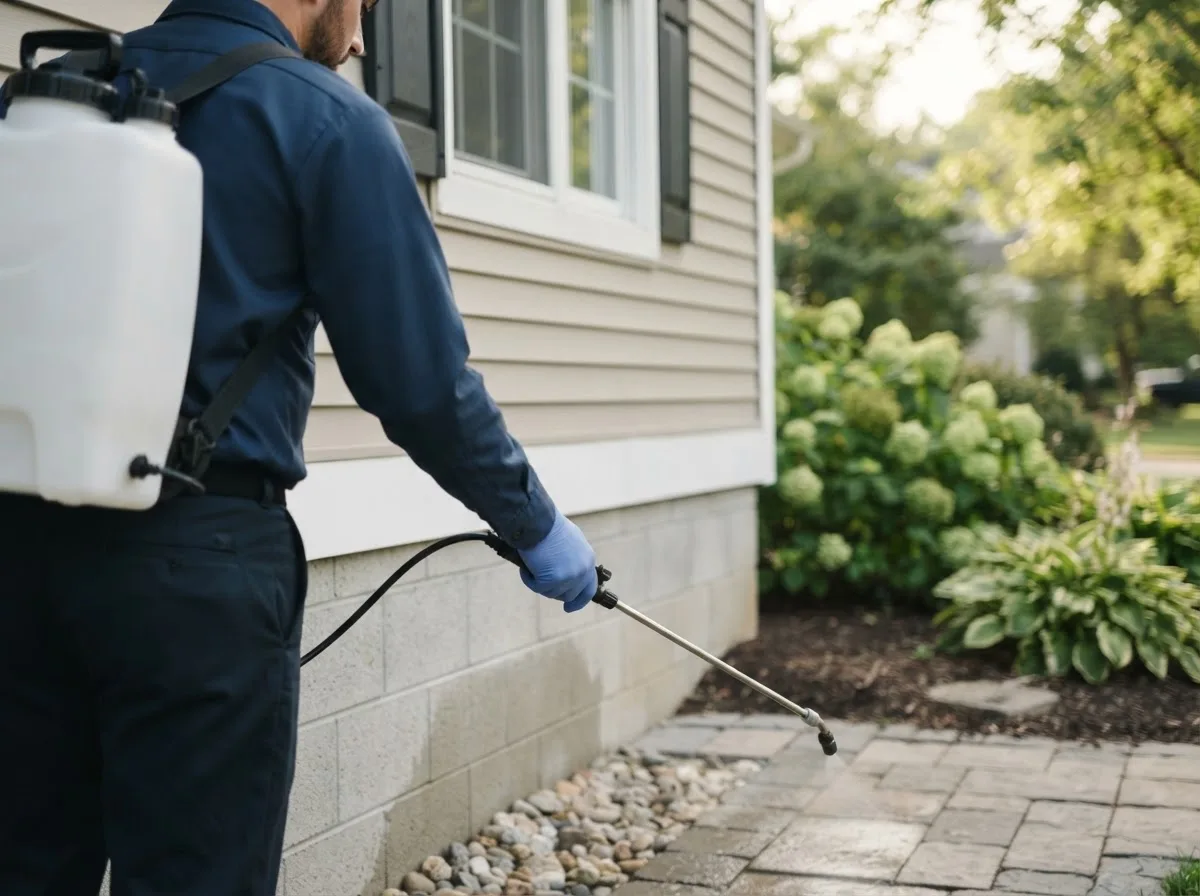 Pest control technician inspecting a home in Ola, ID